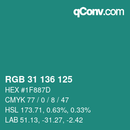 Color code: RGB 31 136 125 | qconv.com