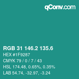 カラーコード: RGB 31 146.2 135.6 | qconv.com