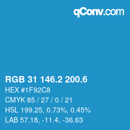 カラーコード: RGB 31 146.2 200.6 | qconv.com