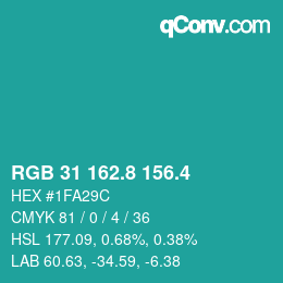 カラーコード: RGB 31 162.8 156.4 | qconv.com