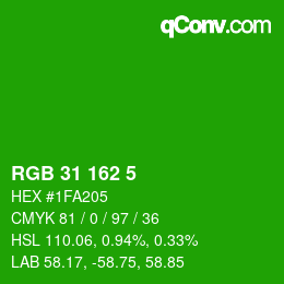 カラーコード: RGB 31 162 5 | qconv.com