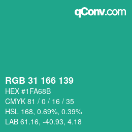 Color code: RGB 31 166 139 | qconv.com