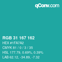 Color code: RGB 31 167 162 | qconv.com
