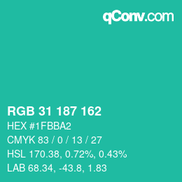 Color code: RGB 31 187 162 | qconv.com
