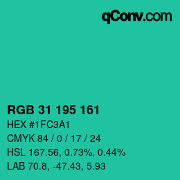カラーコード: RGB 31 195 161 | qconv.com