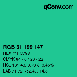 カラーコード: RGB 31 199 147 | qconv.com