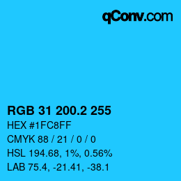 カラーコード: RGB 31 200.2 255 | qconv.com