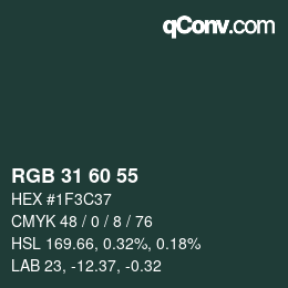 颜色代码: RGB 31 60 55 | qconv.com