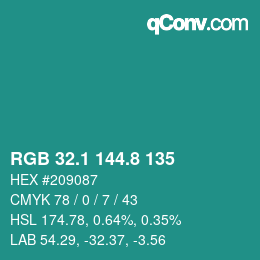 カラーコード: RGB 32.1 144.8 135 | qconv.com
