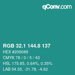 カラーコード: RGB 32.1 144.8 137 | qconv.com