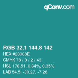カラーコード: RGB 32.1 144.8 142 | qconv.com