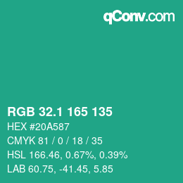 カラーコード: RGB 32.1 165 135 | qconv.com