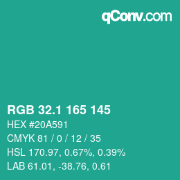 カラーコード: RGB 32.1 165 145 | qconv.com