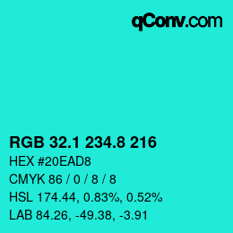 カラーコード: RGB 32.1 234.8 216 | qconv.com