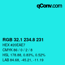 カラーコード: RGB 32.1 234.8 231 | qconv.com