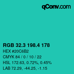 カラーコード: RGB 32.3 198.4 178 | qconv.com