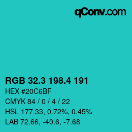 カラーコード: RGB 32.3 198.4 191 | qconv.com