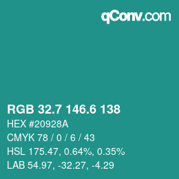カラーコード: RGB 32.7 146.6 138 | qconv.com