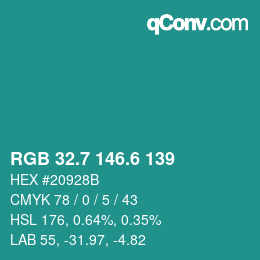 カラーコード: RGB 32.7 146.6 139 | qconv.com
