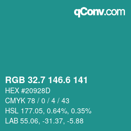 カラーコード: RGB 32.7 146.6 141 | qconv.com