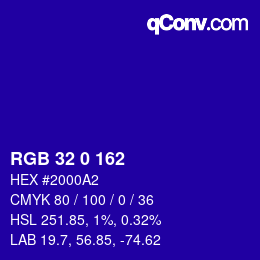 カラーコード: RGB 32 0 162 | qconv.com