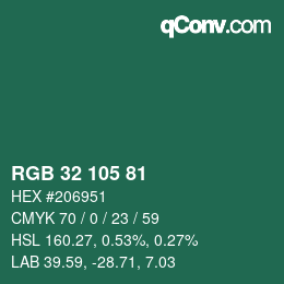 カラーコード: RGB 32 105 81 | qconv.com