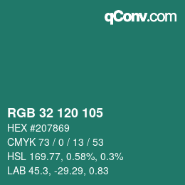 カラーコード: RGB 32 120 105 | qconv.com