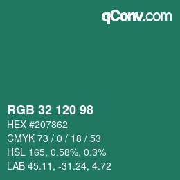 Color code: RGB 32 120 98 | qconv.com