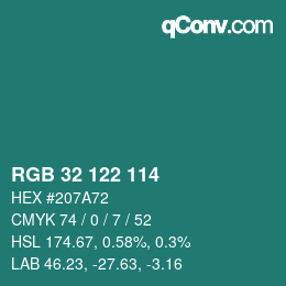 カラーコード: RGB 32 122 114 | qconv.com