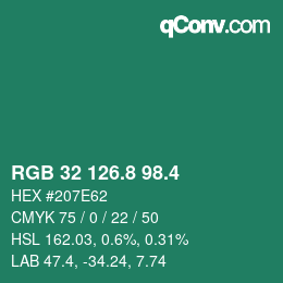 カラーコード: RGB 32 126.8 98.4 | qconv.com