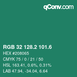 カラーコード: RGB 32 128.2 101.6 | qconv.com