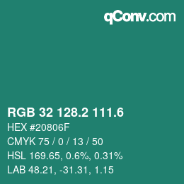 カラーコード: RGB 32 128.2 111.6 | qconv.com