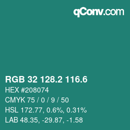 カラーコード: RGB 32 128.2 116.6 | qconv.com