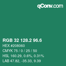 カラーコード: RGB 32 128.2 96.6 | qconv.com
