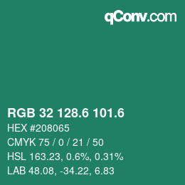 カラーコード: RGB 32 128.6 101.6 | qconv.com