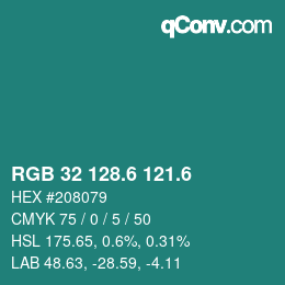 カラーコード: RGB 32 128.6 121.6 | qconv.com