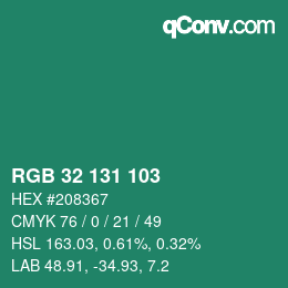 颜色代码: RGB 32 131 103 | qconv.com
