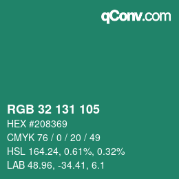 颜色代码: RGB 32 131 105 | qconv.com