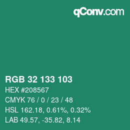 カラーコード: RGB 32 133 103 | qconv.com