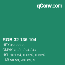 カラーコード: RGB 32 136 104 | qconv.com
