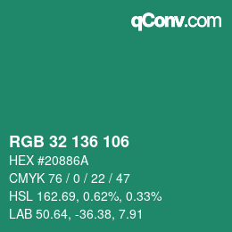 カラーコード: RGB 32 136 106 | qconv.com