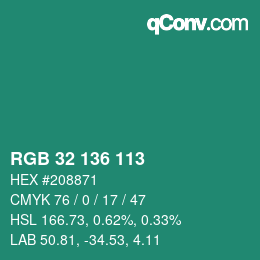 Color code: RGB 32 136 113 | qconv.com