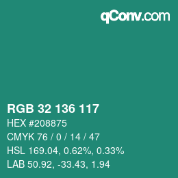 Color code: RGB 32 136 117 | qconv.com