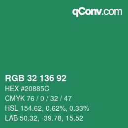 カラーコード: RGB 32 136 92 | qconv.com