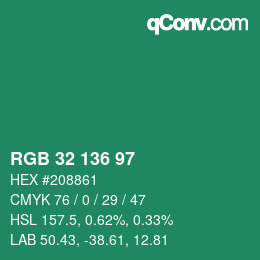 カラーコード: RGB 32 136 97 | qconv.com
