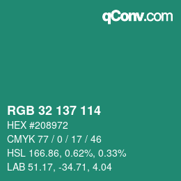 Color code: RGB 32 137 114 | qconv.com