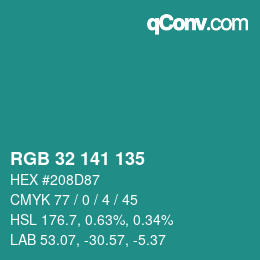 カラーコード: RGB 32 141 135 | qconv.com