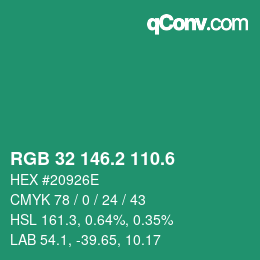 カラーコード: RGB 32 146.2 110.6 | qconv.com