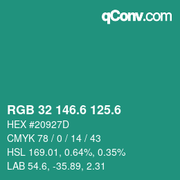 カラーコード: RGB 32 146.6 125.6 | qconv.com