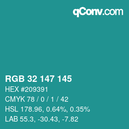 カラーコード: RGB 32 147 145 | qconv.com
